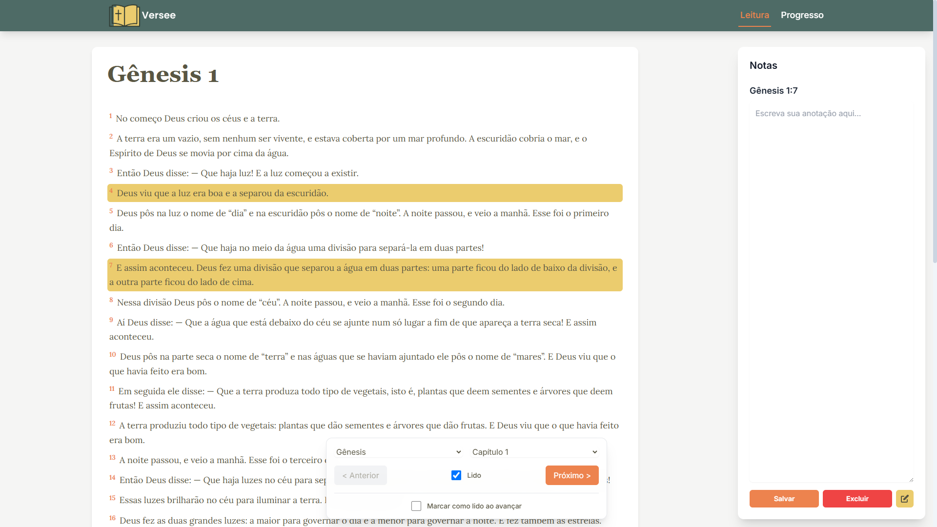 Interface da Bíblia Online Versee mostrando a leitura de um capítulo